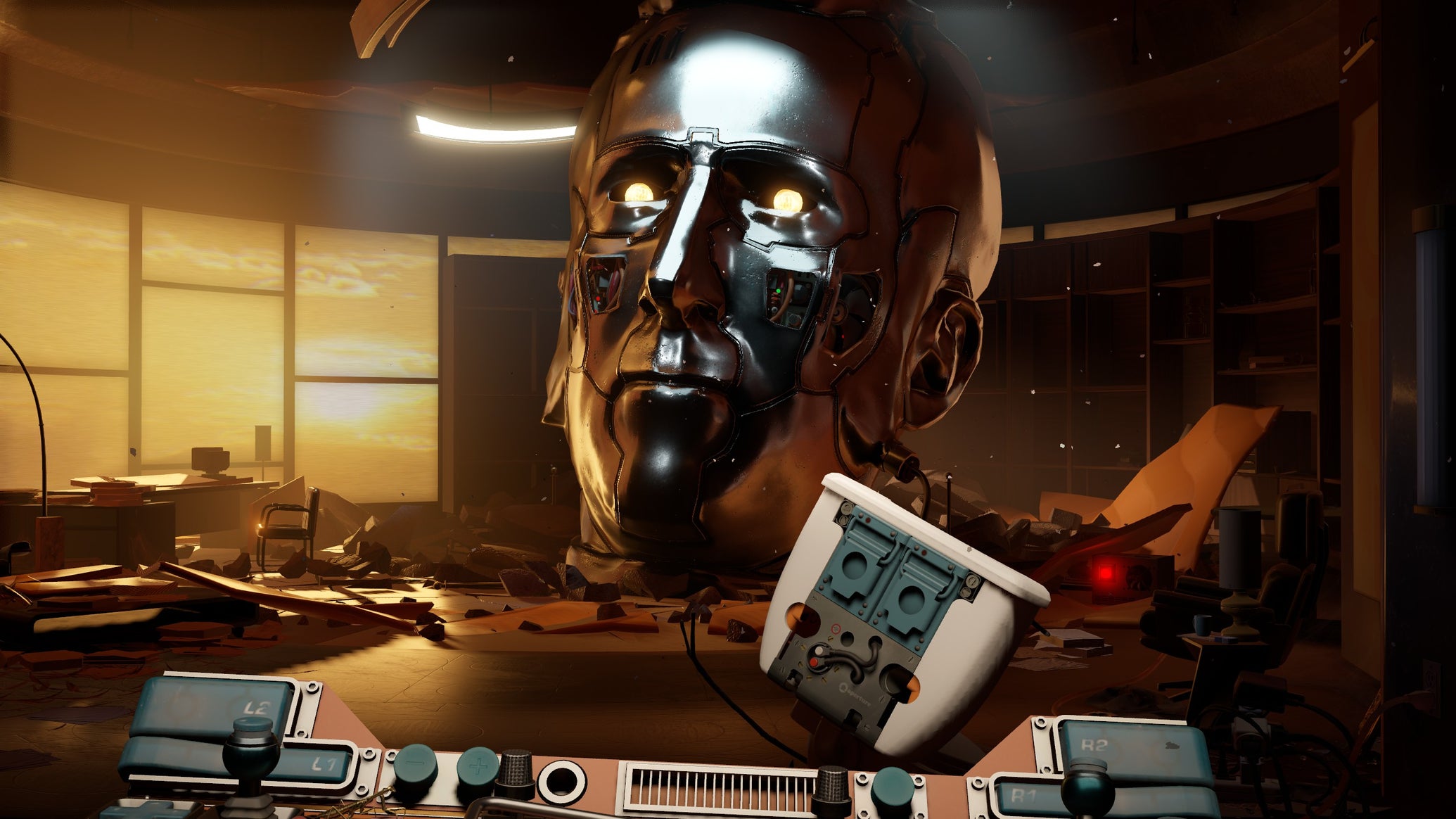 The vast, immortal robot head of Cave Johnson in Aperture Desk Job. - 1