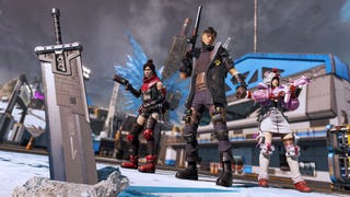 In-game image of three Apex Legends characters in Final Fantasy 7 outfits next to the Buster Sword