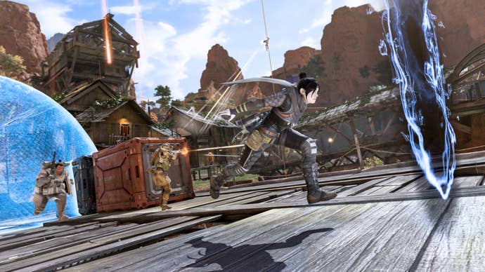 Wraith runs between portals in a promo screenshot for Apex Legends' Launch Royale mode.