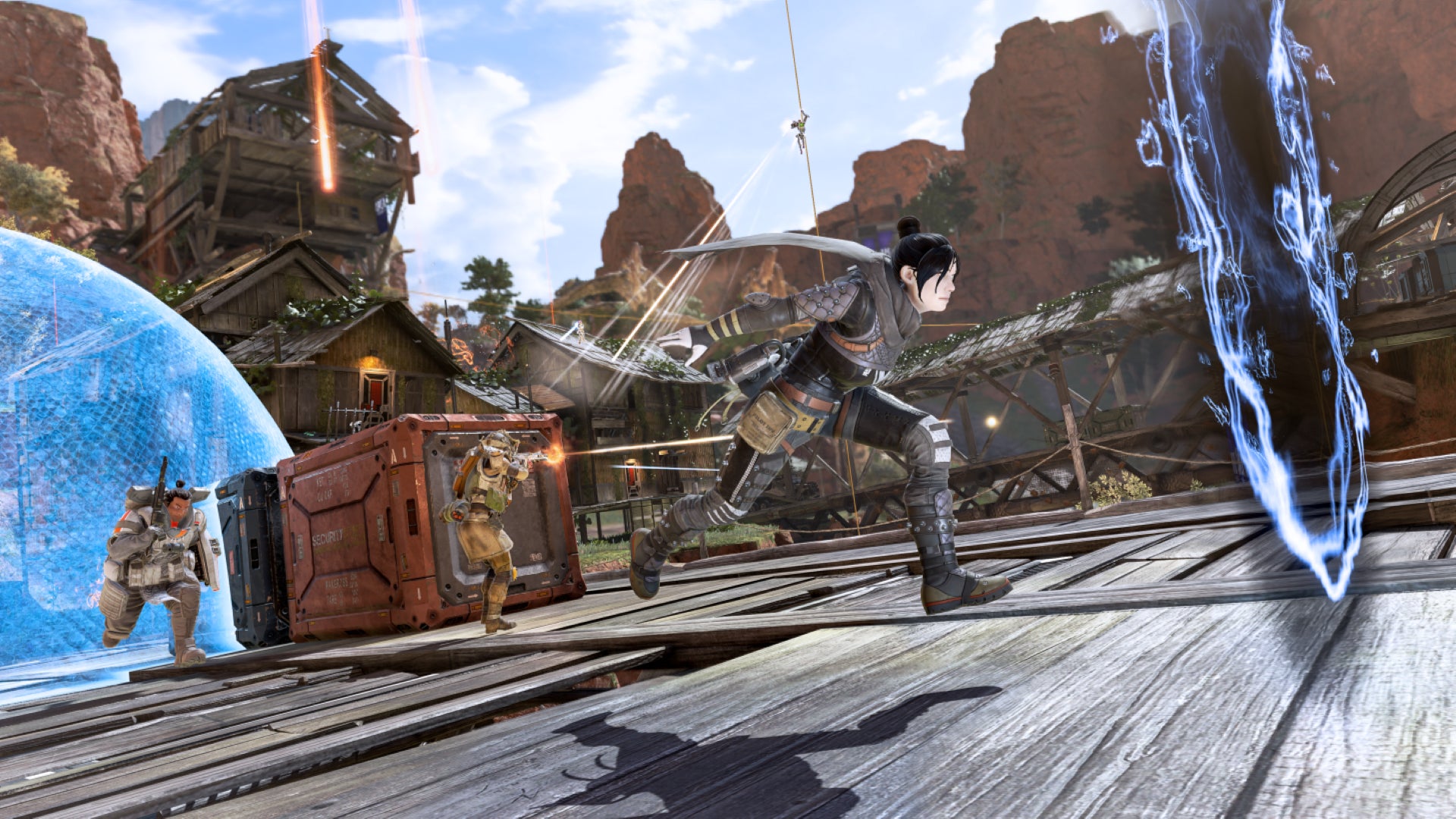 Wraith runs between portals in a promo screenshot for Apex Legends' Launch Royale mode. - 1