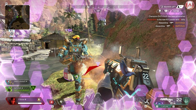 Battling a Pathfinder at close range in Apex Legends’s Launch Royale mode.