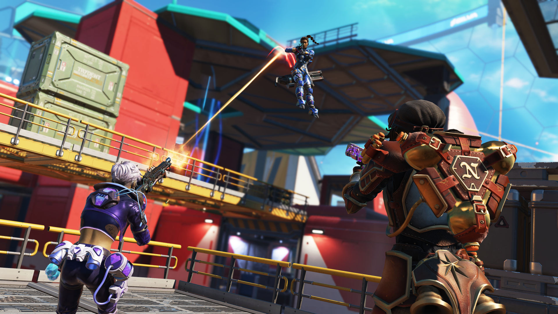 A mantle-boosting Rampart attacks two enemies from above in Apex Legends Season 27.