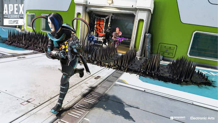 Catalyst from Apex Legends runs from a player, leaving a wall of ferrofluid spikes behind her
