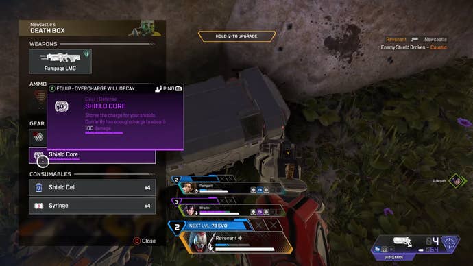 Looting a Shield Core from a deathbox in Apex Legends Season 20.