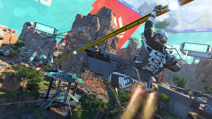 Octane rides a zipline in Apex Legends' Wildcard mode.