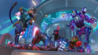 Apex Legends header image showing a male character lying on his side with a rose between his teeth as a female and a robot character look on
