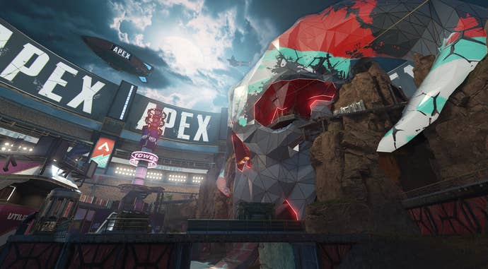 A view of the giant skull in Apex Legends Season 20’s Thunderdome map.