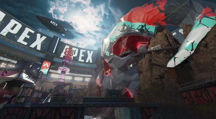 A view of the giant skull in Apex Legends Season 20's Thunderdome map.
