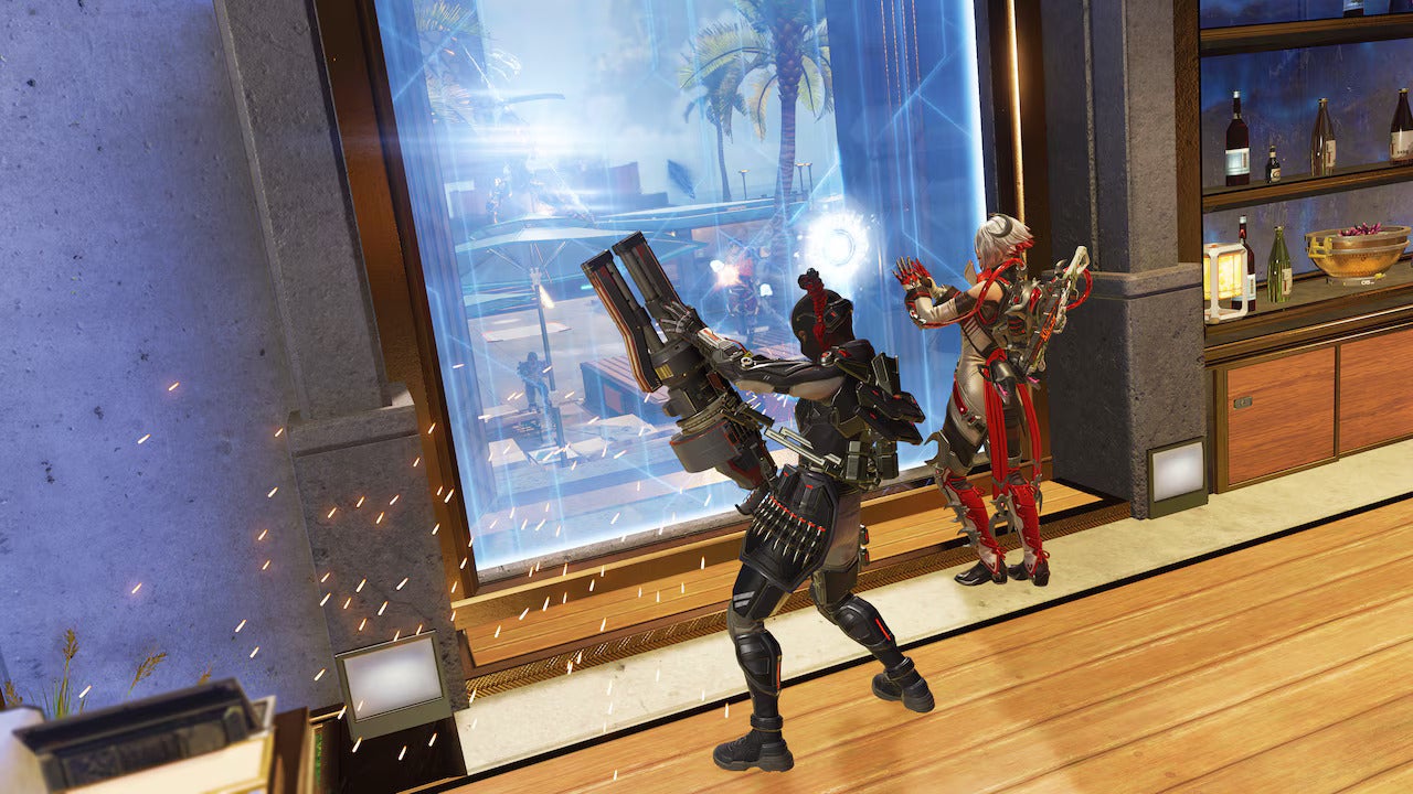 Catalyst and Rampart post in front of a Hardlight Mesh window in Apex Legends season 28.