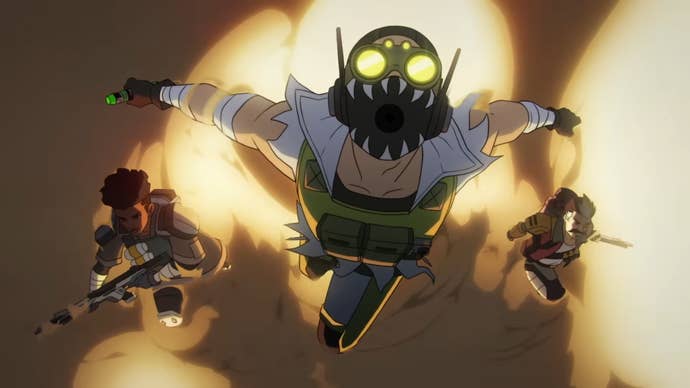Screenshot from animated Apex Legends trailer showing three cartoon character leaping from an explosion