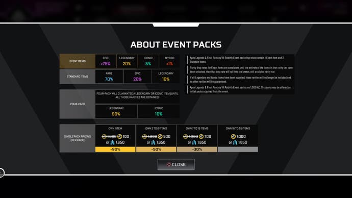 Event pack small print from Apex Legends store for FF7 event