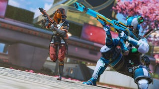 Apex Legends screenshot showing two characters holding weapons. One is running while the other is in a crouched position