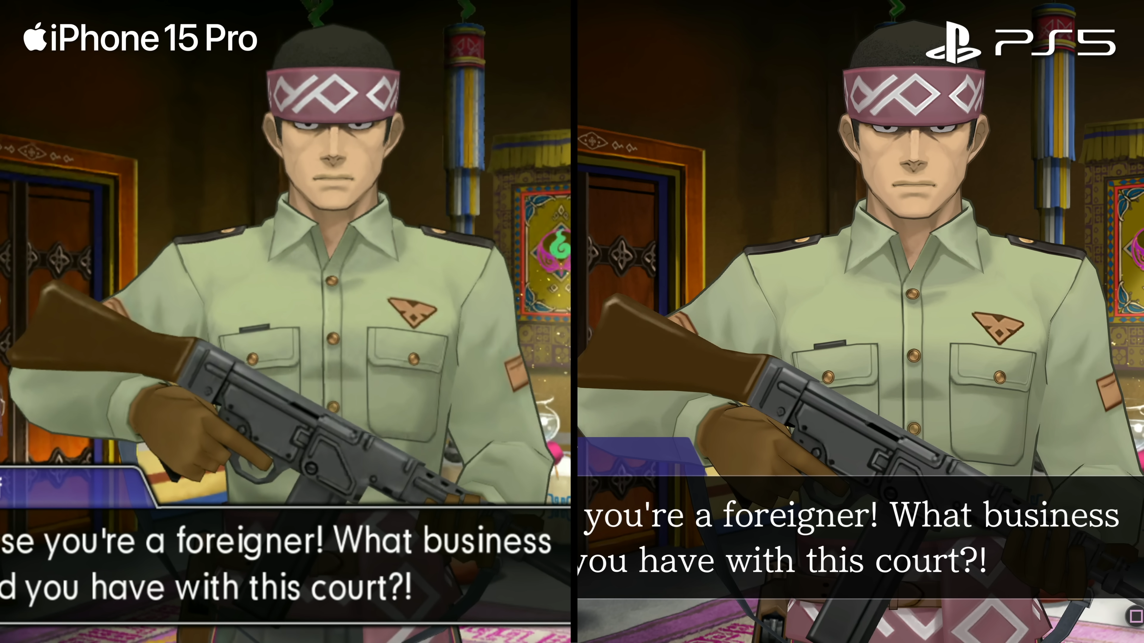 ace attorney spirit of justice iphone 15 pro vs ps5 comparison showing higher-res 3D models