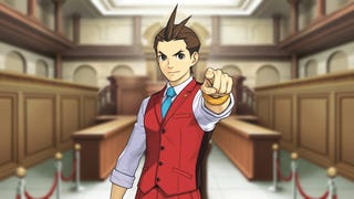 Apollo Justice points at the viewer, set against a slightly desaturated courtroom.