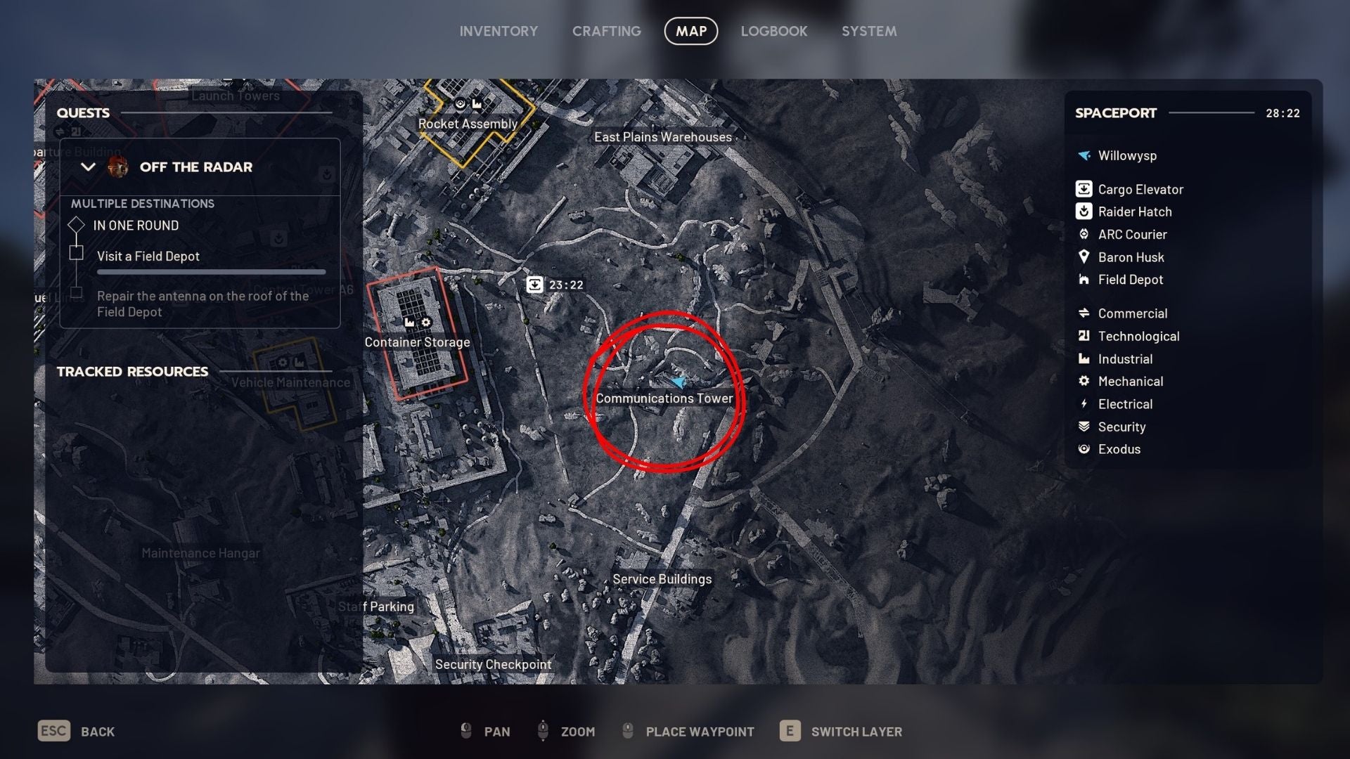 A map image showing the exact location of the tripod in the Spaceport for the Eyes in the Skies mission. - 5