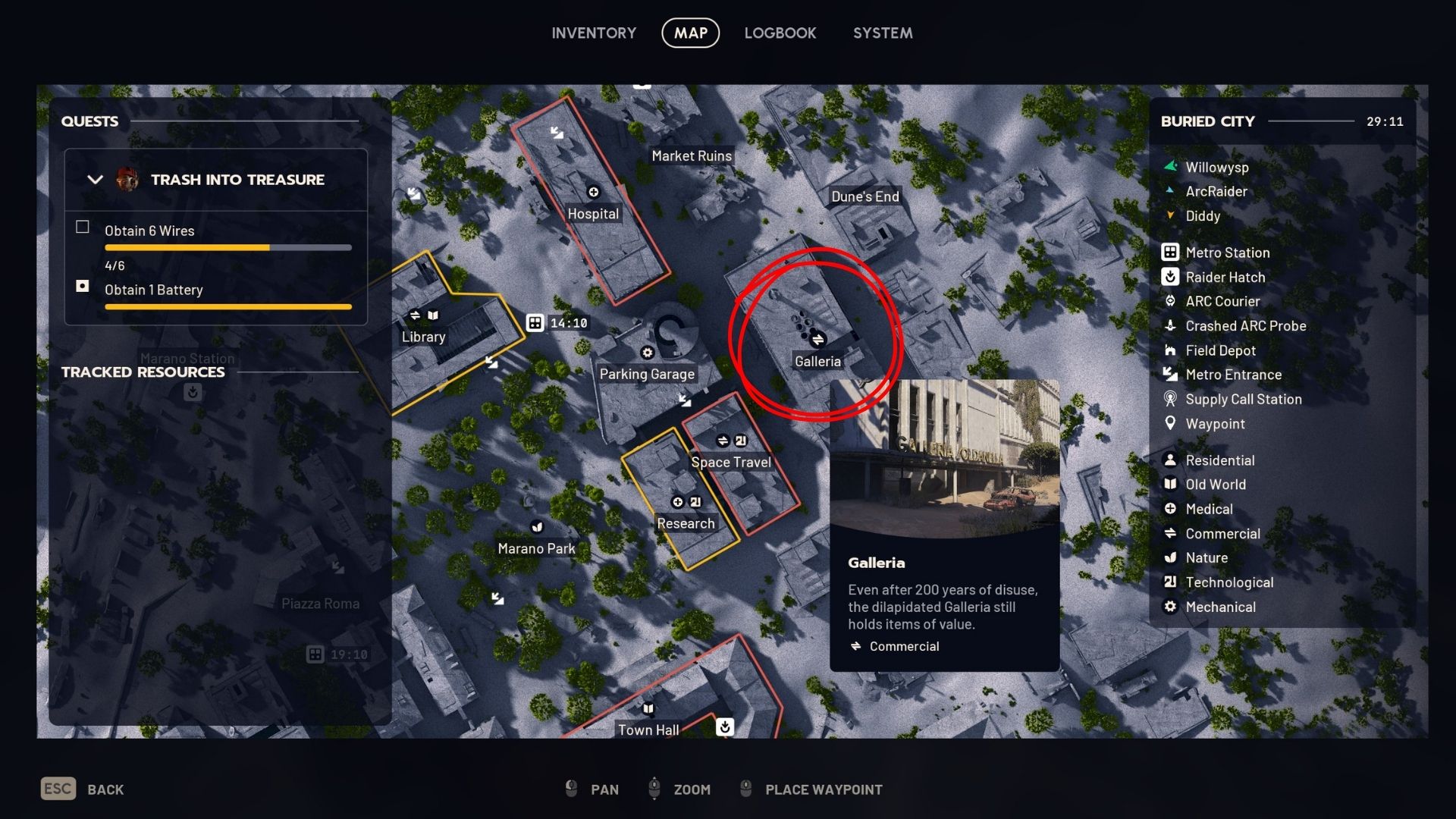 A map image showing the exact location of the tripod in the Buried City in the Eyes in the Skies quest - 7