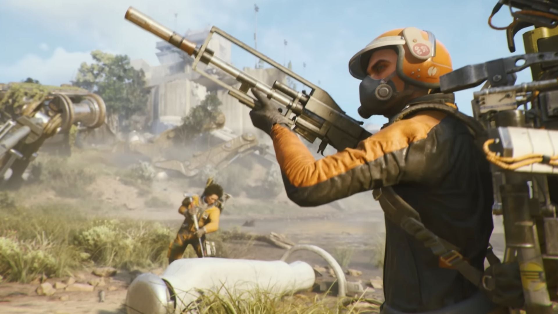 An image showing two Raiders from Arc Raiders aiming their weapons and looting. - 11