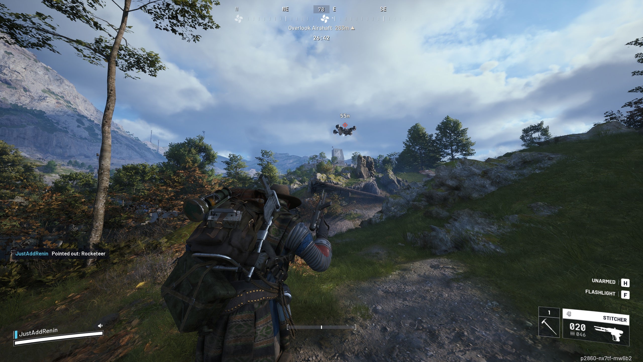 The player pings an ARC Rocketeer drone in Arc Raiders.
