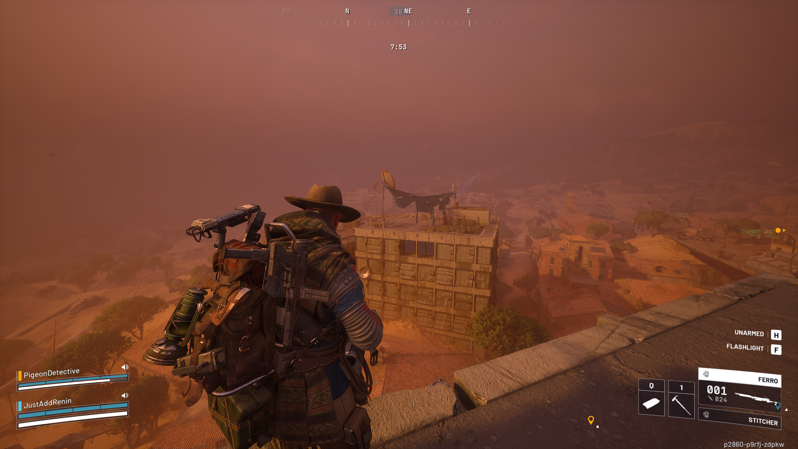 The player looks out at a large building during a dust storm in Arc Raiders.