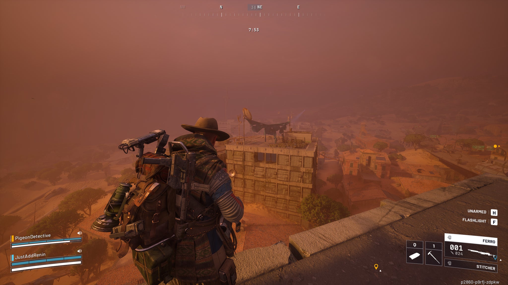 The player looks out at a large building during a dust storm in Arc Raiders. - 7