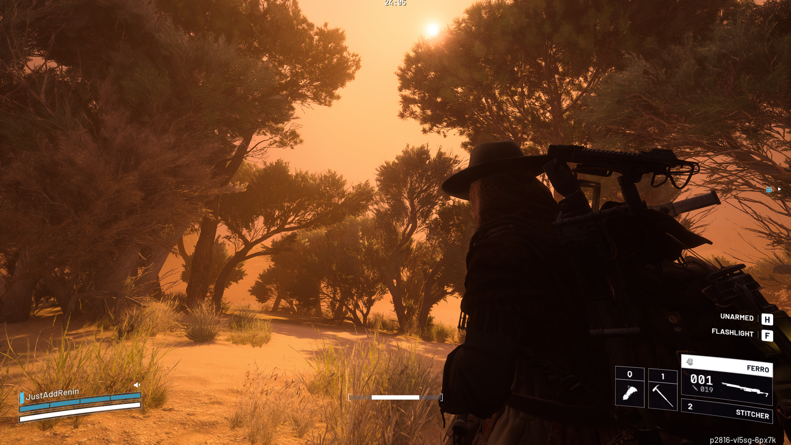 In Arc Raiders, the player sneaks through some trees as a sunset turns the sky orange.