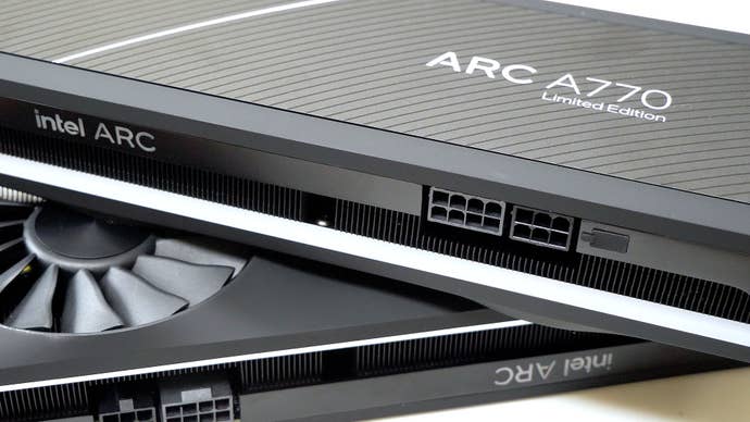 intel arc a770 and a750 graphics card review, showing the two cards stacked on top of each other