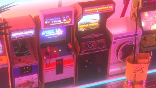 Promotional art for Arcade Paradise showing a line of retro arcade cabinets flanking a washing machine.