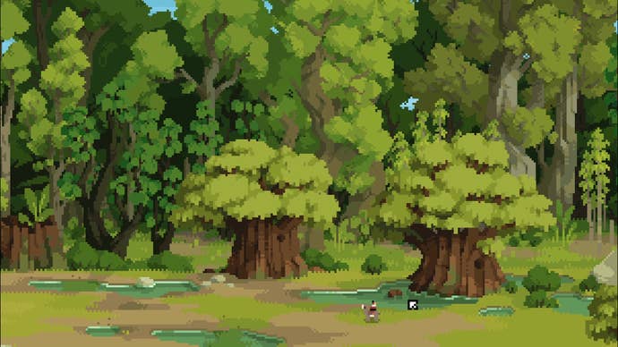 A tiny man rides a llama through a large forest landscape in Arco