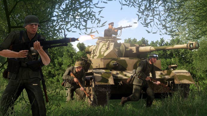 Screenshot from Arma 3’s Spearhead 1944 DLC, showing soldiers prepare for battle in front of a tank.