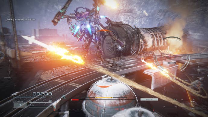 Armored Core 6 screenshot, showing an airborne mecha nimbly dodging missile fire.