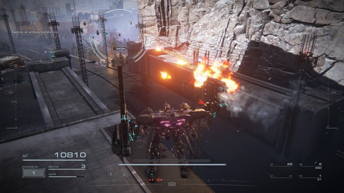 Armored Core 6 screenshot, showing a mecha unleashing a barrage of missiles at a swarm of helicopters.