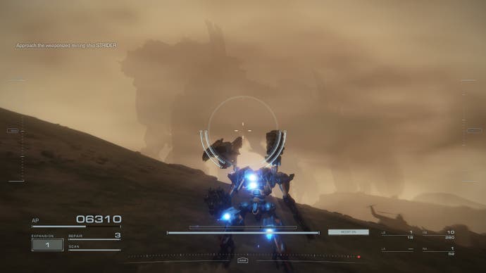 Armored Core 6 screenshot, showing a mech travelling through a desert, with a massive legged vehicle in the distance obscured by a sandstorm.