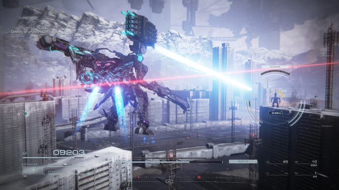 Armored Core 6 screenshot, showing a mecha firing a laser cannon at an unsuspecting opponent.