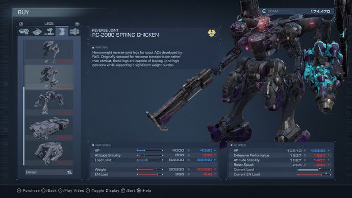 Armored Core 6 screenshot, showing the mech building screen, specifically the reverse joint RC-2000 Spring Chicken.
