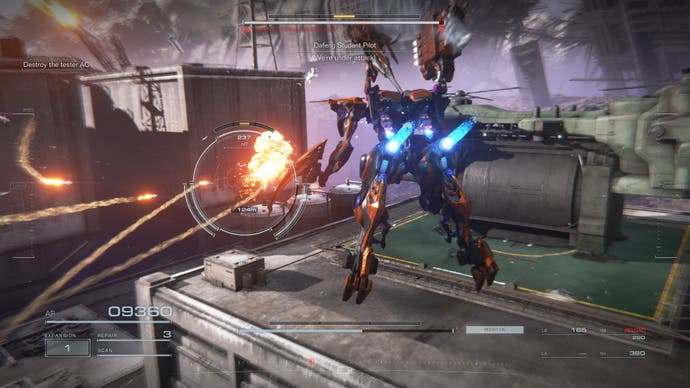 Armored Core 6 screenshot, showing a mech bearing down on an opponent while blasting off rockets.