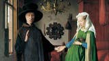 A section from the Arnolfini Portrait by Jan van Eyck, showing Arnolfini and his partner in their house with a chandelier and a mirror behind them.