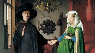 A section from the Arnolfini Portrait by Jan van Eyck, showing Arnolfini and his partner in their house with a chandelier and a mirror behind them.