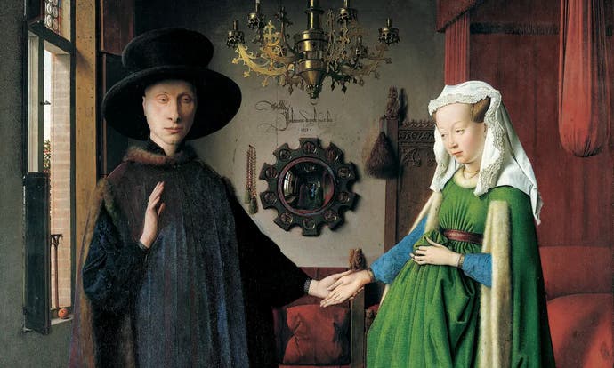 A section from the Arnolfini Portrait by Jan van Eyck, showing Arnolfini and his partner in their house with a chandelier and a mirror behind them.