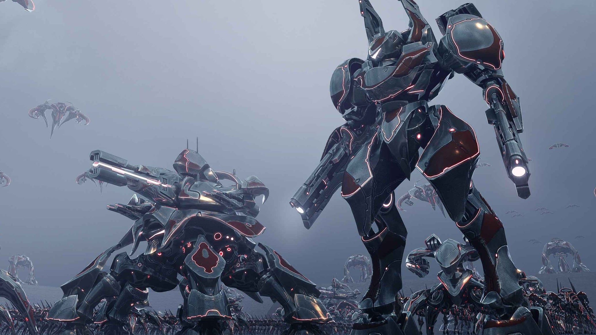 A big silvery humanoid mecha warrior and a four-legged artillery gun standing side by side in art for Sanctuary: Shattered Sun.