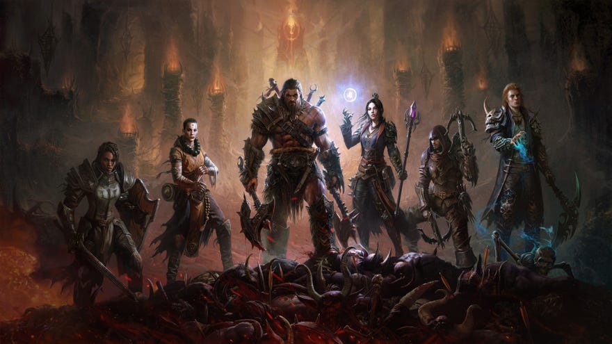 The six classes available at launch in Diablo Immortal: Barbarian, Crusader, Necromancer, Wizard, Demon Hunter, and Monk.