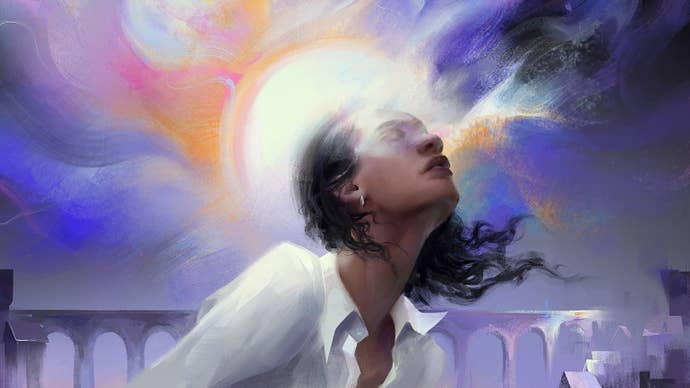 Artwork for Disco Elysium spiritual successor Hopetown showing a painted female on a purple background