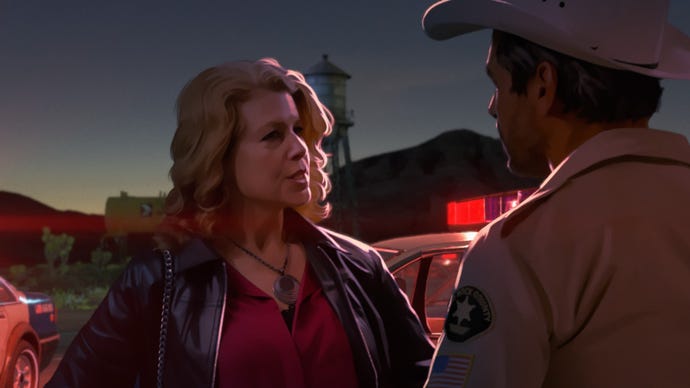 As Dusk Falls screenshot showing Sharon and Dante talking while surrounded by police cars.