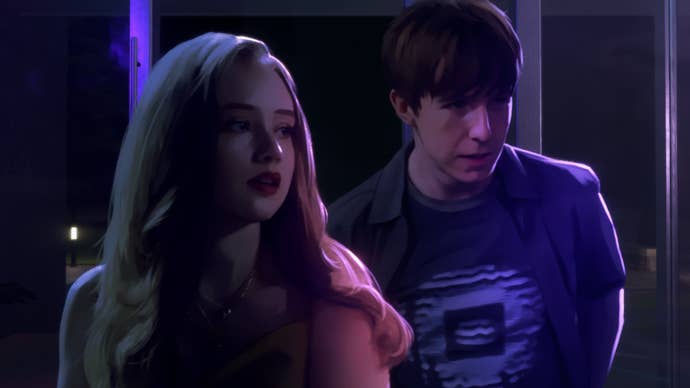 Vanessa and Jay stand in a dimly lit house party in As Dusk Falls.