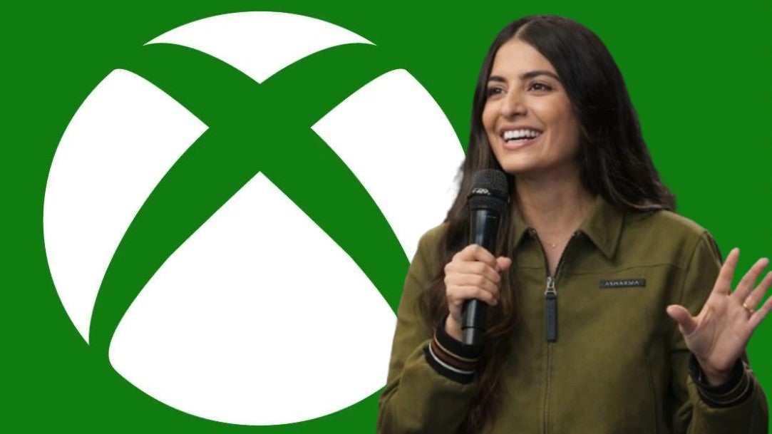 Asha Sharma from Microsoft Gaming overlaid on an Xbox logo against a green background