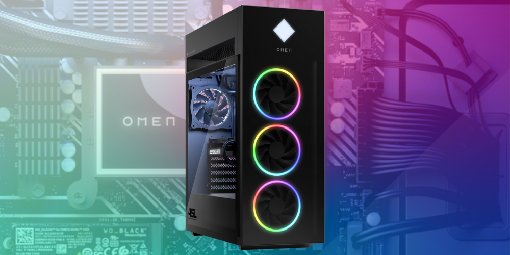 HP Omen 45L RTX 4080 Gaming PC on a green to purple gradient background with a transparent side view of it&rsquo;s motherboard