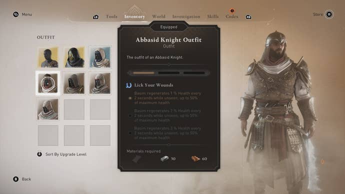 Basim wears the Abbasid Knight outfit in the inventory menu in Assassin’s Creed Mirage