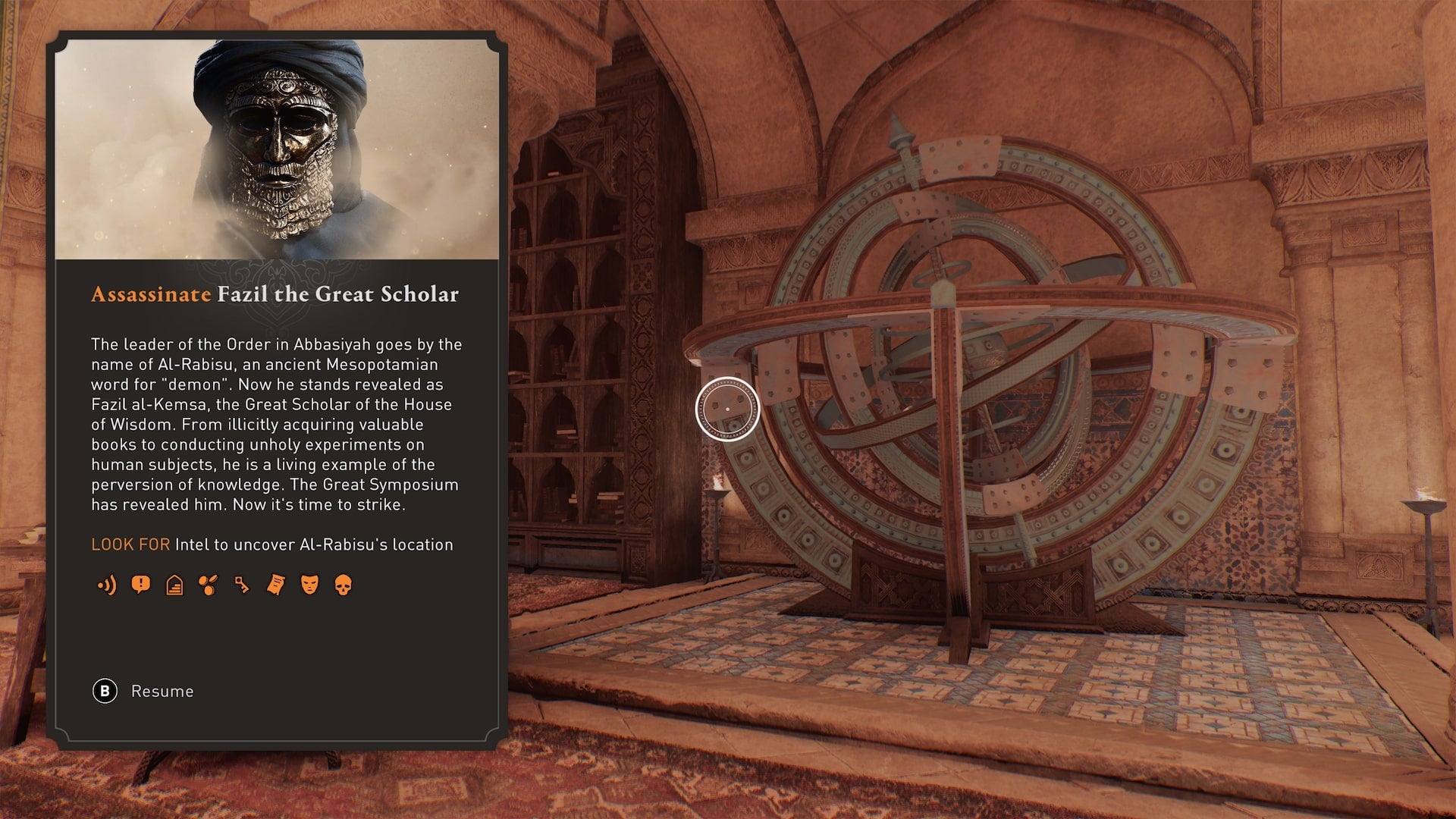 The &lsquo;Assassinate Fazil the Great Scholar&rsquo; objective description is shown in Assassin&rsquo;s Creed Mirage