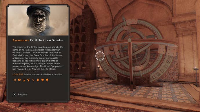The ‘Assassinate Fazil the Great Scholar’ objective description is shown in Assassin’s Creed Mirage