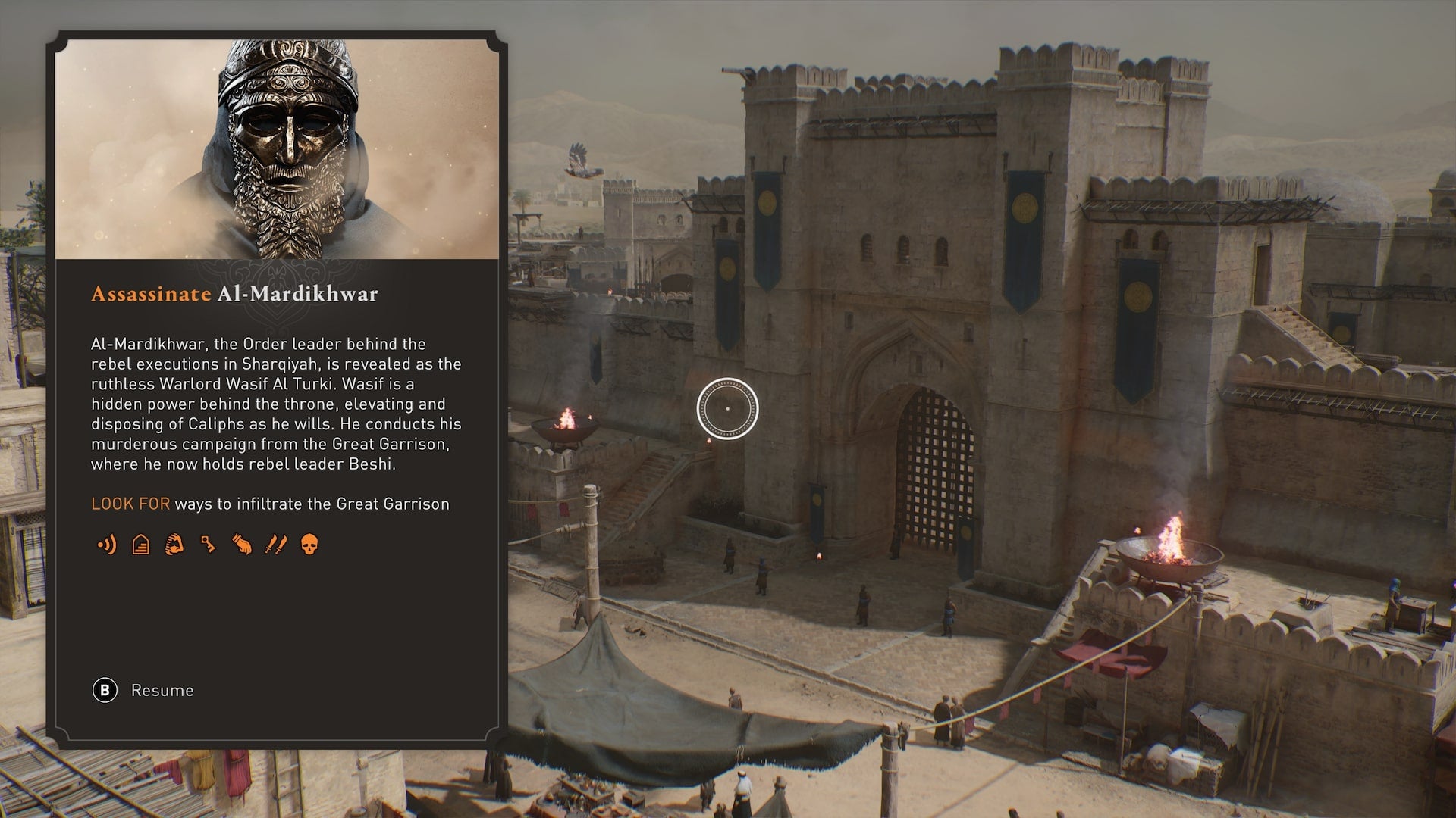 The &lsquo;Assassinate Al-Murdakhwar&rsquo; objective description is shown, with the Great Garrison in the background in Assassin&rsquo;s Creed Mirage