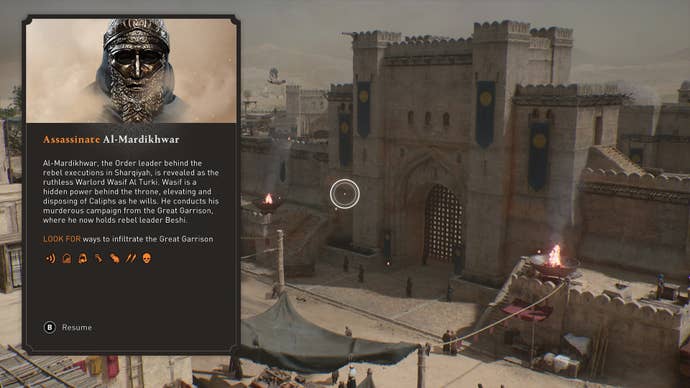 The ‘Assassinate Al-Murdakhwar’ objective description is shown, with the Great Garrison in the background in Assassin’s Creed Mirage